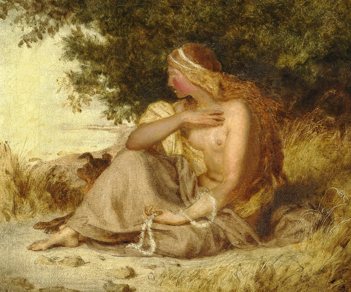 Figura femminile mitologica seduta sulla spiaggia con una collana di perle in mano e un cane accanto a lei
